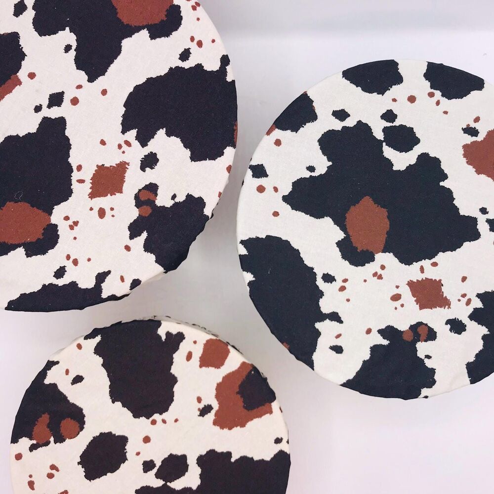 Cotton Bowl Cover For Sourdough, 3 Pc Set, Reusable Washable Cow Print Brown